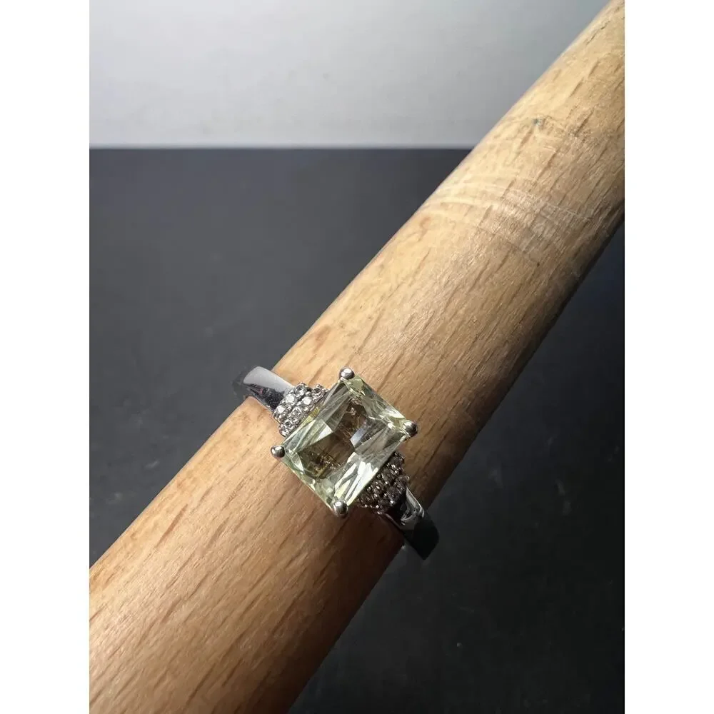 Prasiolite and zircon Sterling silver ring size 9